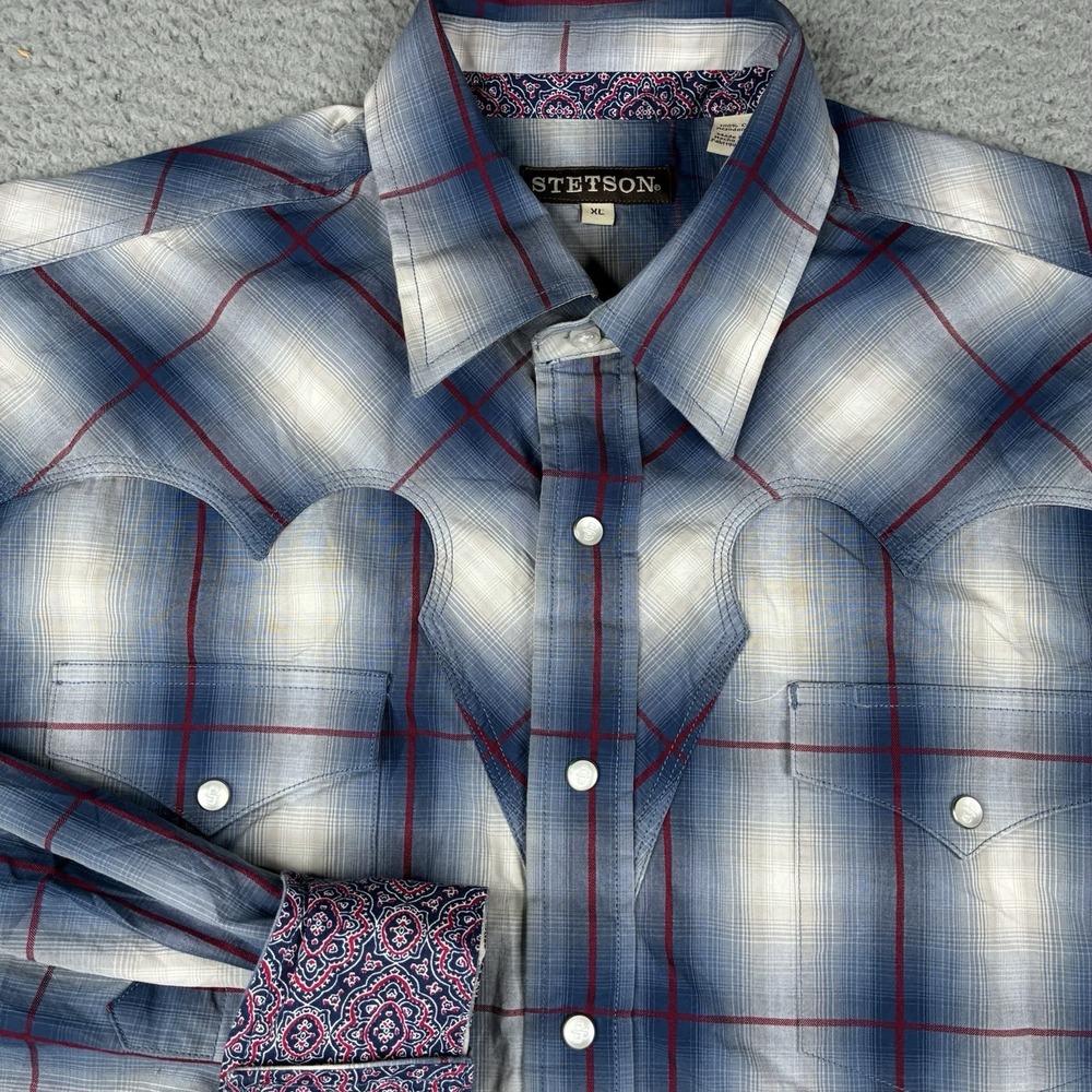 Stetson Western Shirt Men's XL Blue Plaid Pearl Snap Cowboy Rodeo